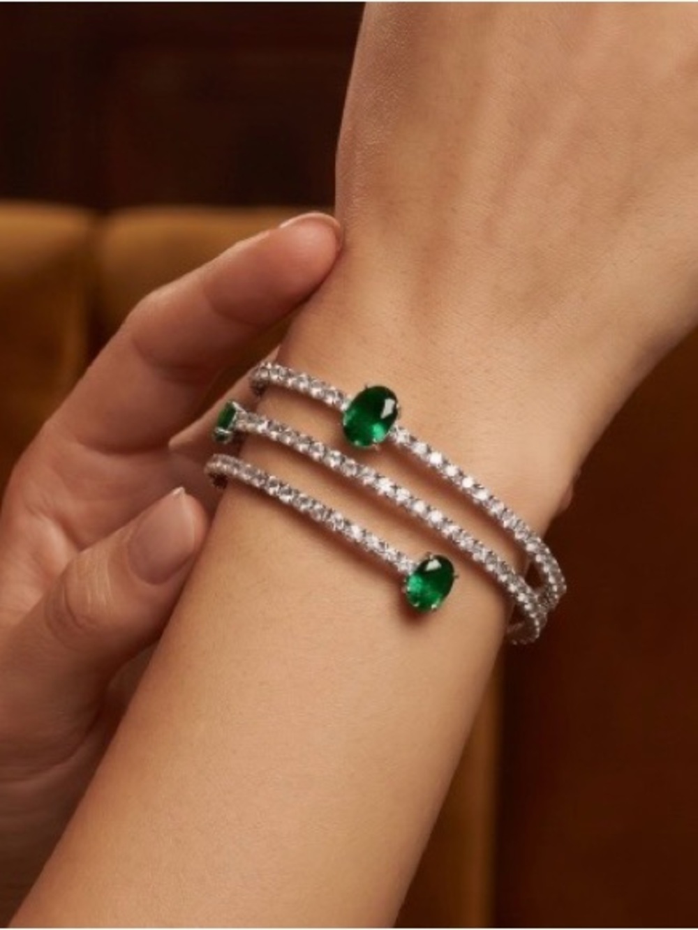 Triple-Row Silver Bracelet with Emerald Green Stones